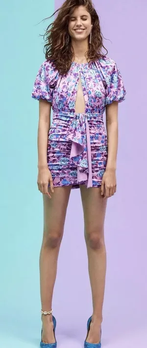 For Love & Lemons Tahiti Ruched Mini Dress Small Purple Floral Satin Cottagecore thumbnail 1