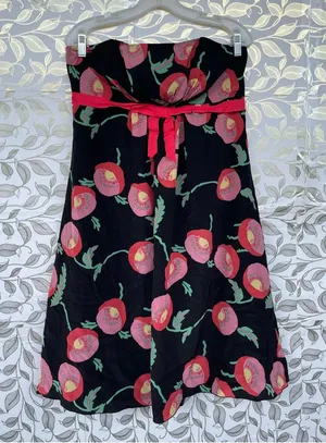 Anna Sui Anthropologie Sz 12 Silk Dress Strapless Black Pink Poppy Floral Lined thumbnail 1