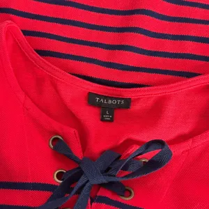 Talbots Shift Dress Size L Red Navy Striped Lace Up Knit Nautical Preppy‎ thumbnail 3