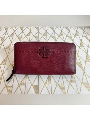 Tory Burch Deep Wine Pebbled Leather Half Zip Wallet thumbnail 2