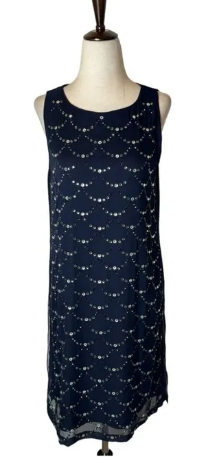 Diane Von Furstenberg Dress Women 4 Blue Black Silk Jeweled Shift Mini‎ Cocktail thumbnail 1