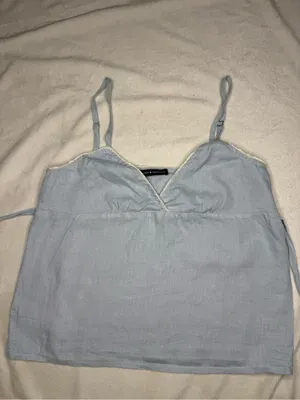 Brandy Melville Pale Blue Linen V-Neck Spaghetti Strap Cami thumbnail 2