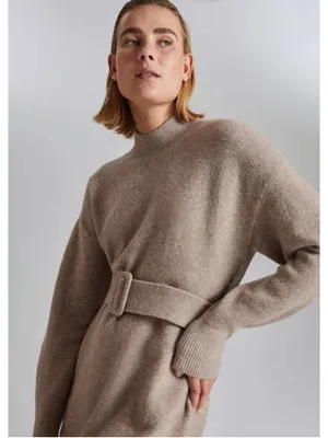 & Other Stories Beige Knit Sweater Dress M Belted Mock Neck Thick Oversized Prep thumbnail 2