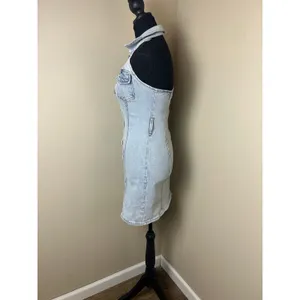 Y2K Forever 21 Light Blue Denim Halter Mini Dress Size XS Casual Cool Girl thumbnail 3