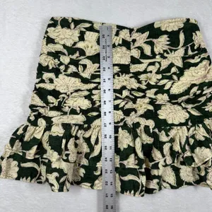 Zara Green Floral‎ Ruched Mini Skirt Tiered Ruffle Hem Linen Blend Size S thumbnail 4