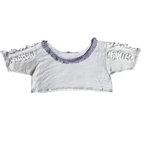 White Cropped Flirty T-Shirt Crochet Neck Trim Shredded Sleeves Festival Rave thumbnail 4