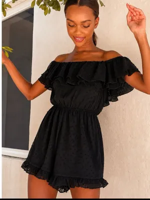 Lulus Frilled to Bits Black Swiss Dot Off-the-Shoulder Romper Size Small NWT thumbnail 2