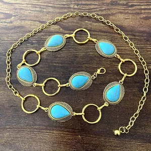 Gold Y2K Turquoise Western Boho Chain Belt, Fits 25.5-44.5 Inches, X7GA1271 thumbnail 6