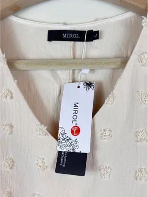 MIROL NWT Swiss Dot Textured V Neck Babydoll Tunic Blouse Pink Large Boho thumbnail 2