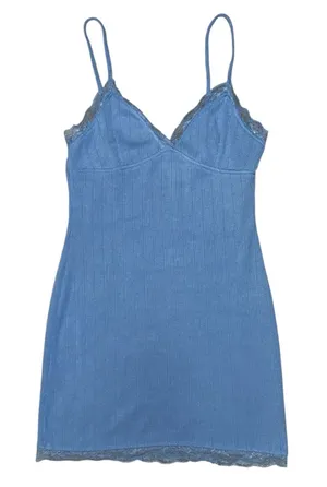 Urban Outfitters Blue Ribbed Lace Trim Cami Mini Slip Dress L Soft Stretch Y2K thumbnail 1