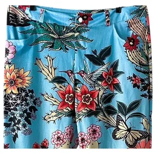 NWT ~ Blue Vintage Look Groovy 70's Polyester Floral Birds Flare Leg Pants ~ L thumbnail 5