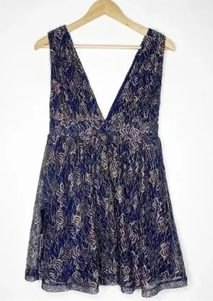 Lulus Tawny Navy Blue and Gold Metallic Lace Skater Dress Size Small NWT thumbnail 1