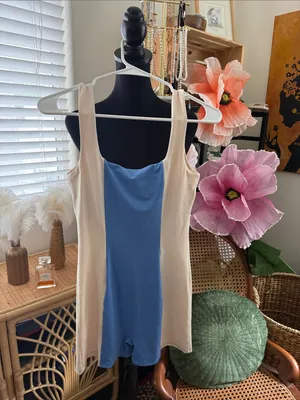 Reformation Adelyn Blue & Cream EcoStretch Shorts Romper thumbnail 2