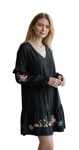 ASOS Black Embroidered Floral Ruffle Sleeve‎ Tiered Mini Dress UK 8 US 4 thumbnail 1