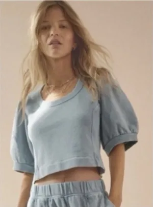 Aerie Seams Right Blue Acid Wash Puff Sleeve‎ Cropped Sweatshirt Scoop Neck NWT thumbnail 1