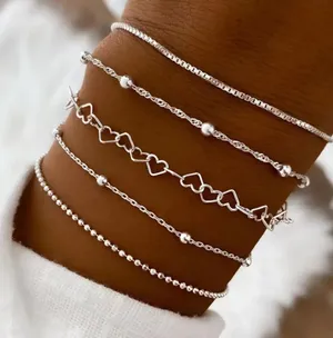 NEW Set of 5 silver bracelets / anklets heart, chain, adjustable silver bracelet thumbnail 1