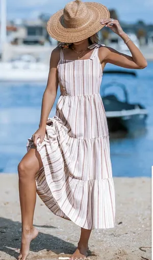 CUPSHE Striped Square Neck Tie Shoulder Maxi Dress Beach Cover Up Size S NWT thumbnail 1