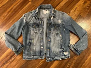 ZARA Distressed Denim Blue Jean Jacket medium thumbnail 1