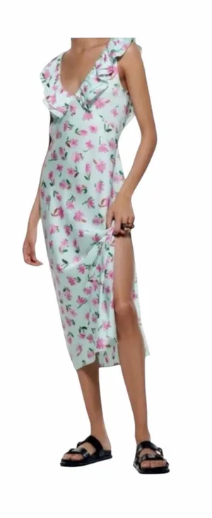 Zara Dress Women Medium Blue Pink Floral Satin Ruffle Trim Midi Slip‎ Dress Boho thumbnail 1