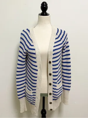 J Crew Cream Blue Purple Stripe Deep V Neck Snap Button Longer Sweater Cardigan thumbnail 3