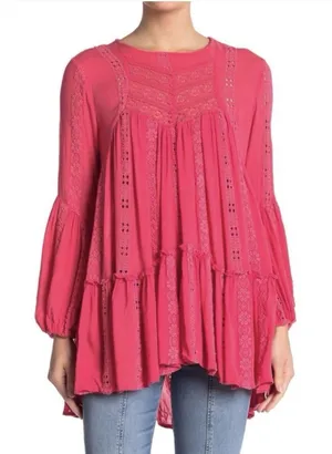 Free People Coral Pink Kiss Kiss Tunic Top Dress Shirt Small Sweetest Dream thumbnail 1