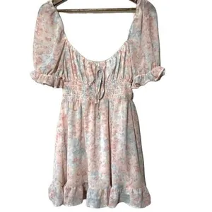 HYFVE Pastel Floral Mini Dress Puff Sleeve Tie Neck Size Large thumbnail 3