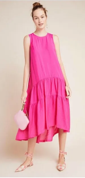 Anthropologie Maeve Marlene Tiered Maxi Dress Medium Pink Oversized Sleeveless thumbnail 1