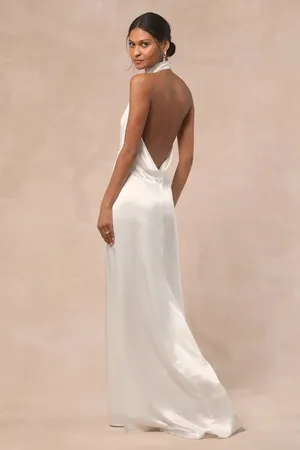 NWT Lulus Meliana White Satin Halter Backless Maxi Dress Wedding Gown Bride Sz S thumbnail 2