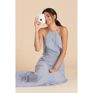 NWT Womens Size Small Birdy Grey Blue Jules Chiffon Ruffle Accent Maxi Dress thumbnail 2