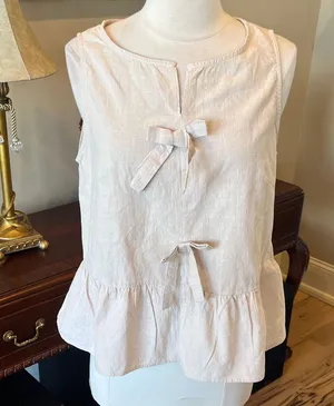 Bow Front Light Khaki Ruffle Hem Cotton Top New thumbnail 2