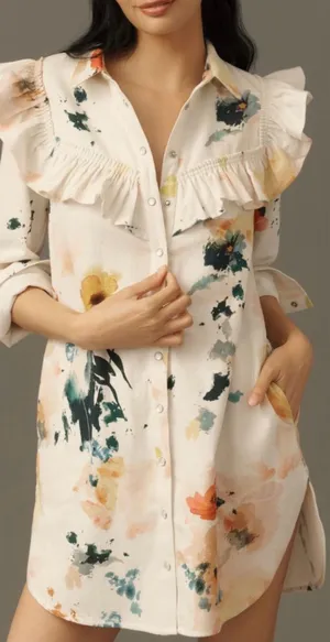Anthropologie Pilcro Long-Sleeve Ruffled Denim Mini Shirt Dress, Size XS thumbnail 1