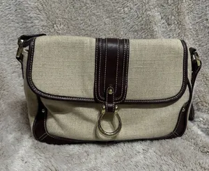 Etienne Aigner Purse~ Beige Linen Blend~Burgundy Trim~Snap Close Gold Hardware thumbnail 1