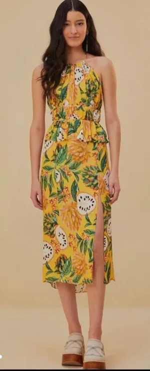 FARM Rio BiRiBA Yellow Tropical Halter Midi Dress with Side Slit and Peplum thumbnail 1