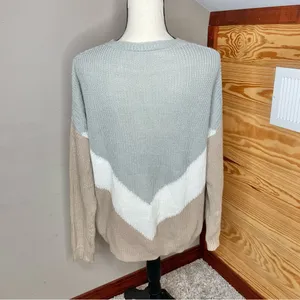 Unbranded Tan Grey White Colorblock Long Sleeve Crewneck Knit Sweater thumbnail 3