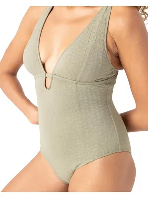 NWT Roxy Womens One Piece Plunge Swimsuit 434001983 Oil Green M thumbnail 3
