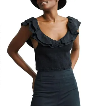 Anthropologie Maeve black Ruffle‎ smock crop top Size 4 thumbnail 1