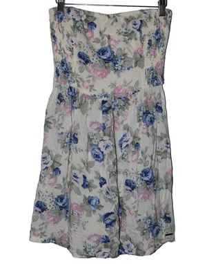 Women's Abercrombie & Fitch Cream Pink Blue Floral Strapless Dress Size Medium M thumbnail 1