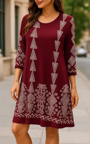 Boutique Long Sleeve Shift Dress Size L Burgundy Wine Cream Tribal‎ Print NEW thumbnail 1
