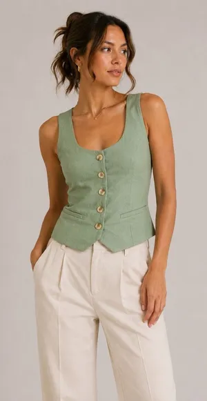 May Berries Green Linen Blend Button Vest Small Cottagecore Lightweight Chic thumbnail 1