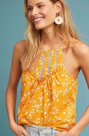 Maeve Anthropologie Orange Floral Lattice Ruffle Halter Top XL thumbnail 1
