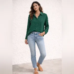 Forest Green sheer button down long sleeve blouse with textured dots thumbnail 3
