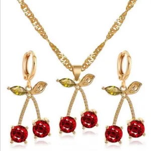 18K Gold Plated Cherry Jewelry Set Cherry Pendant Necklace Crystal Cherry Dangle Drop Earrings(2pcs/set) thumbnail 1