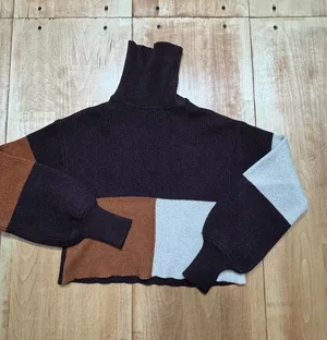 Blue Rain Womens Colorblock‎ Turtleneck Sweater Brown Tan Cream Cropped Small thumbnail 1