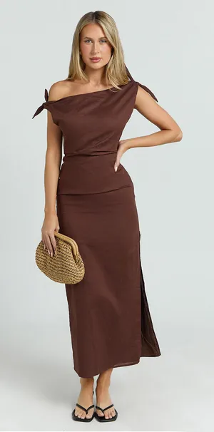 New Showpo Cincinnati Off The Shoulder Side Split Column Linen Dress Size 10 thumbnail 1