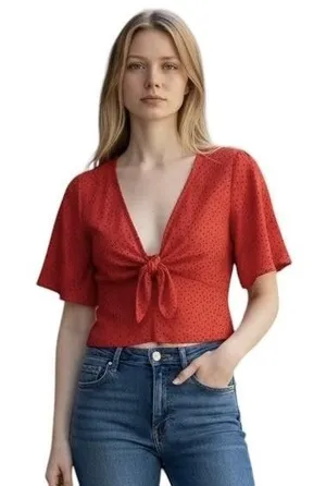 Abercrombie & Fitch Blouse Womens XS Red Polka Dot V-Neck Tie Front Cropped Top thumbnail 1