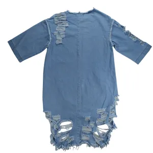 Vibrant MIU Light Wash Distressed Denim Shift Dress Shredded High Low Hem Blue thumbnail 2