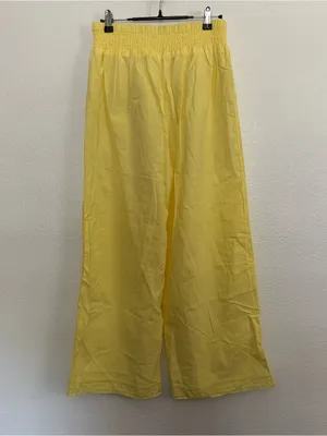 New Yellow Cotton Lace Trim Straight Leg Pants Medium thumbnail 3