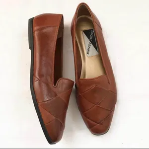 Vintage Brown Leather woven braided loafers flats almond toe preppy academia office siren core-Size 6 Measurements in pics Great condition thumbnail 2
