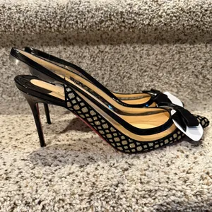 Christian Louboutin Suspenodo Glitter Flocked Patent PVC Sling 85 Pumps, size 38 thumbnail 5