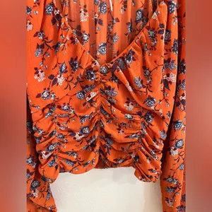 Free People Final Rose Blouse Rust Orange Floral Ruched Sweetheart Top Large thumbnail 11